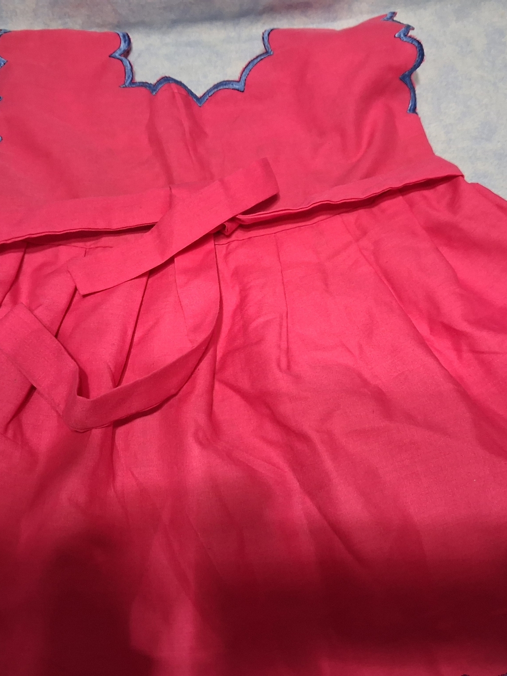 Bright Pink Strapless Dress with Blue Scallop Trim